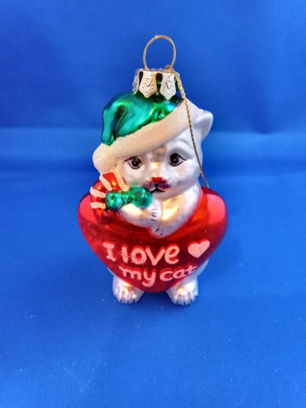 Glass Christmas ornament I LOve My Cat white cat with heart